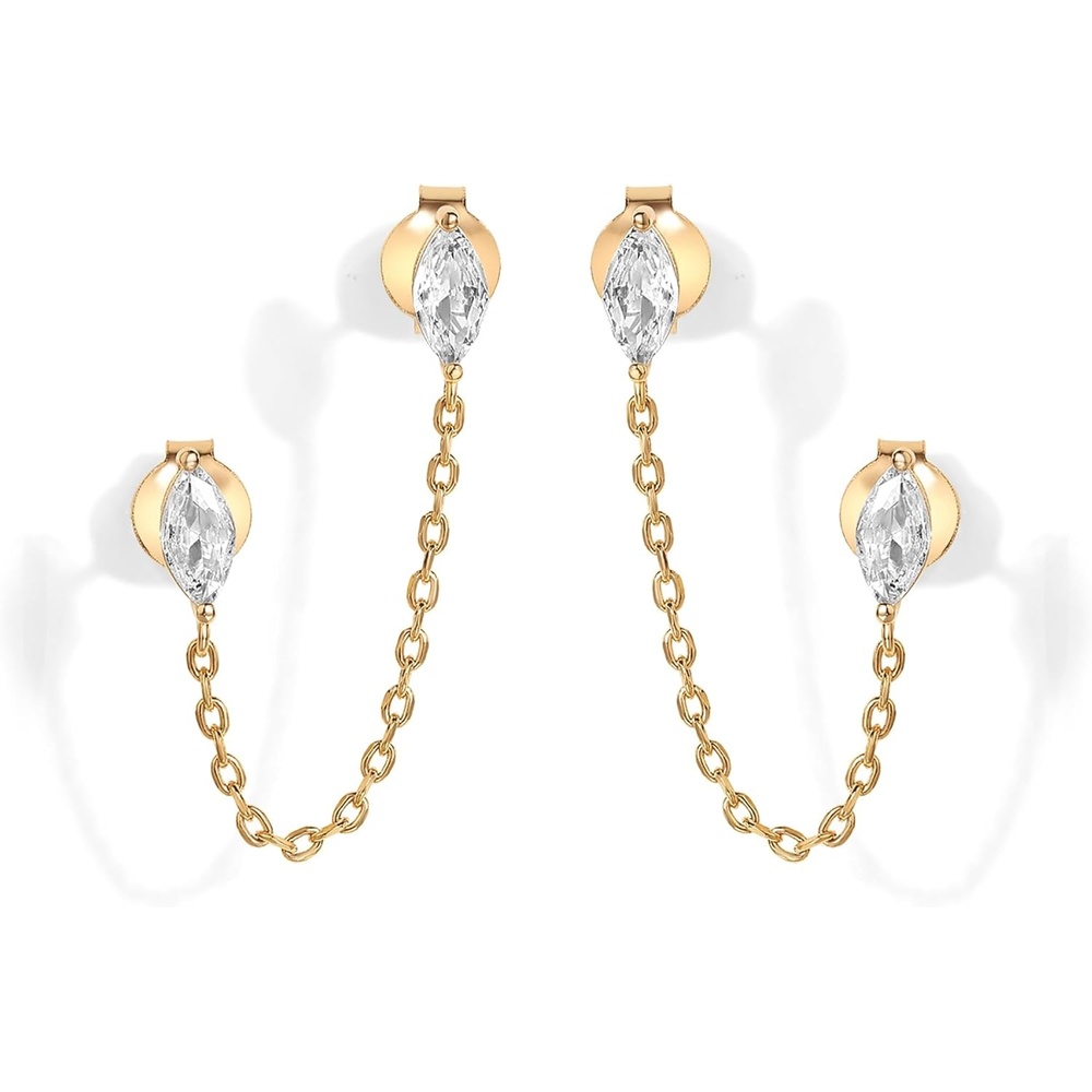 image:imagePAVOI 14K Gold Plated Delicate CZ Chain Earrings for Women Double Piercing Dangle Chain Studs Cubic Zirconia EarscapesYellow Gold