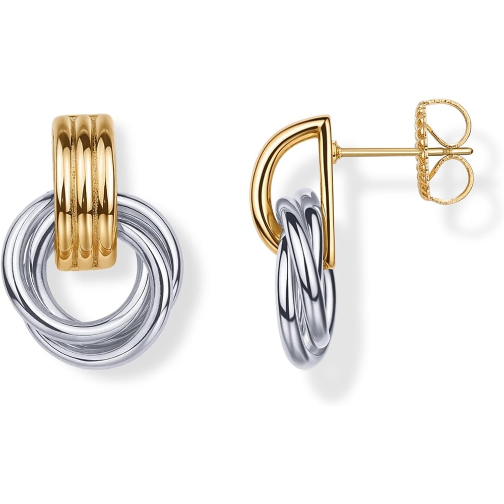 image:imagePAVOI 14K Gold Plated Door Knocker Statement Earrings for Women Chunky Gold Earrings for Women Trendy Mixed Metals Bold Knot Drop Dangle JewelryTwoToned