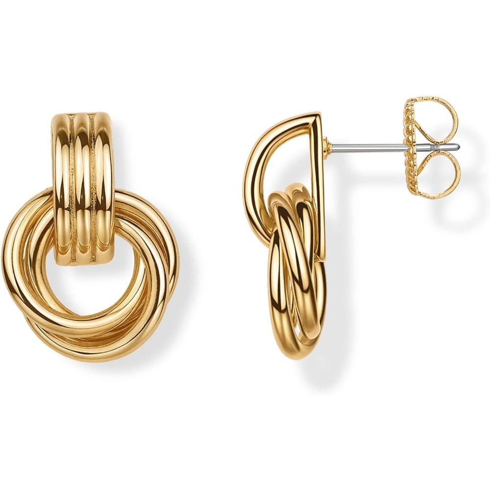 image:imagePAVOI 14K Gold Plated Door Knocker Statement Earrings for Women Chunky Gold Earrings for Women Trendy Mixed Metals Bold Knot Drop Dangle JewelryYellow Gold
