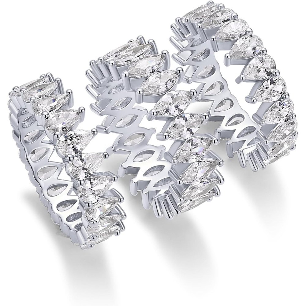 image:imagePAVOI 14K Gold Plated Eternity Ring Set 3 Ring Pack Stackable Wedding Bands for Women with Cubic Zirconia Pear amp Marquise CZ Eternity Band Hypoallergenic Statement Bridal JewelryWhite Gold