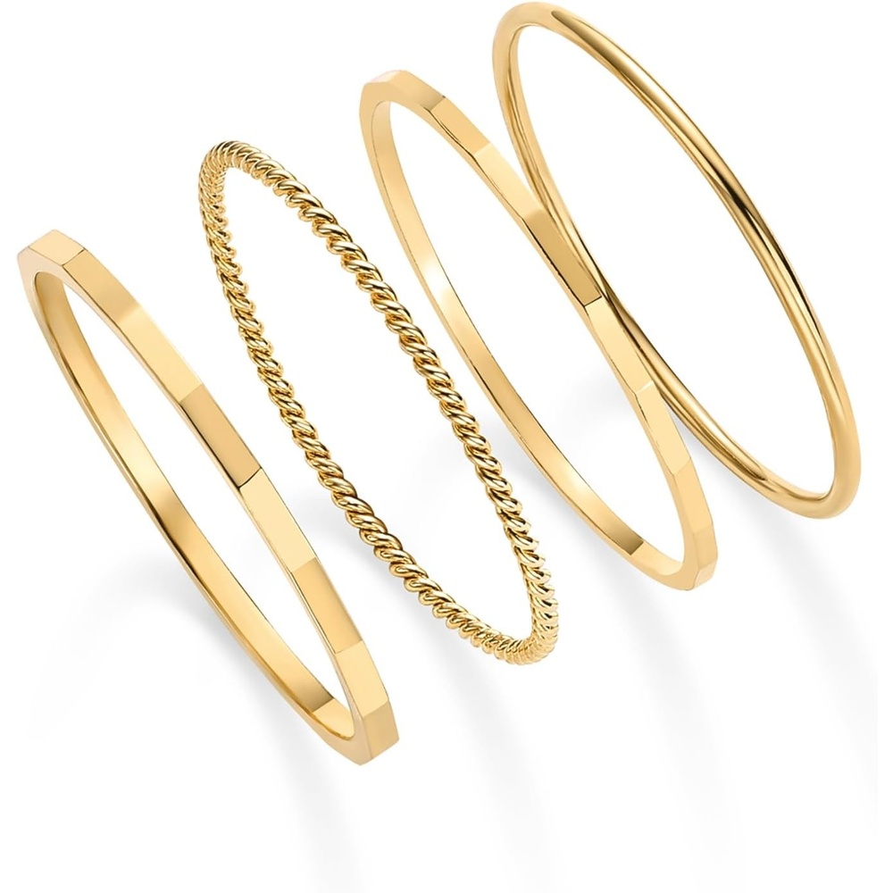 image:imagePAVOI 14K Gold Plated Four Pieces Thin Rings Set for Women 4 Dainty Stacking Rings Pack Minimalist Stackable BandsYellow Gold