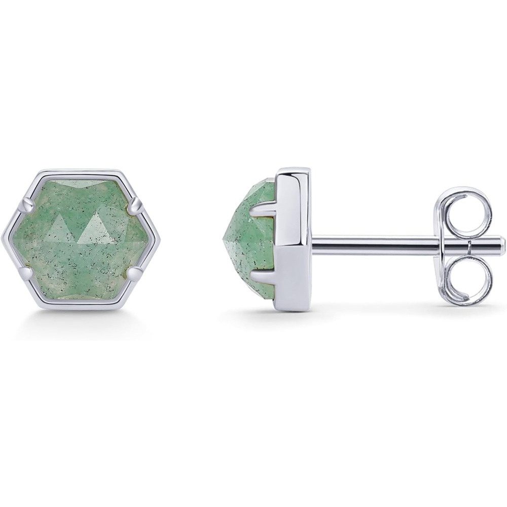 image:imagePAVOI 14K Gold Plated Hexagon Gemstone Stud Earrings for Women Natural Birthstone Earring PairGreen Fluorite