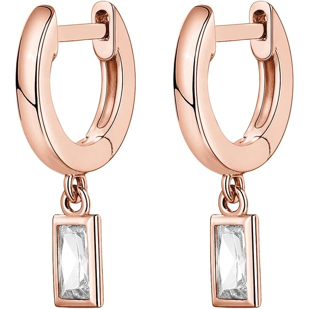 image:imagePAVOI 14K Gold Plated Huggie Hoop Earrings with Charms for Women  925 Sterling Silver Posts Dainty Motif Huggie Hoop Dangle Earrings  Lightweight Dangle Drop Jewelry with Cubic ZirconiaRose Gold