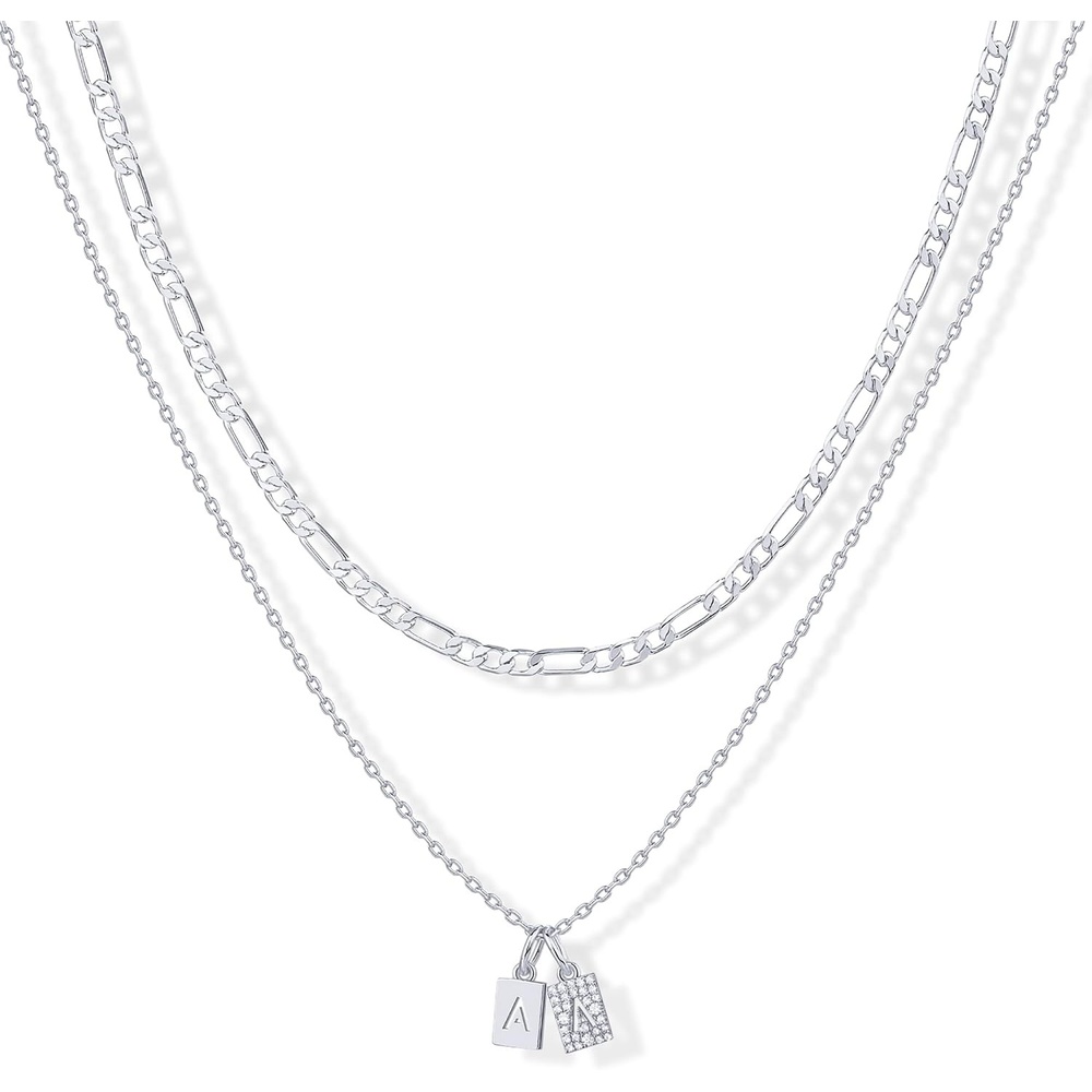 image:imagePAVOI 14K Gold Plated Initial Letter Double Dog Tag Pendant Necklace Dainty Cubic Zirconia Letter Tag Round Box Chain Necklaces for Women A