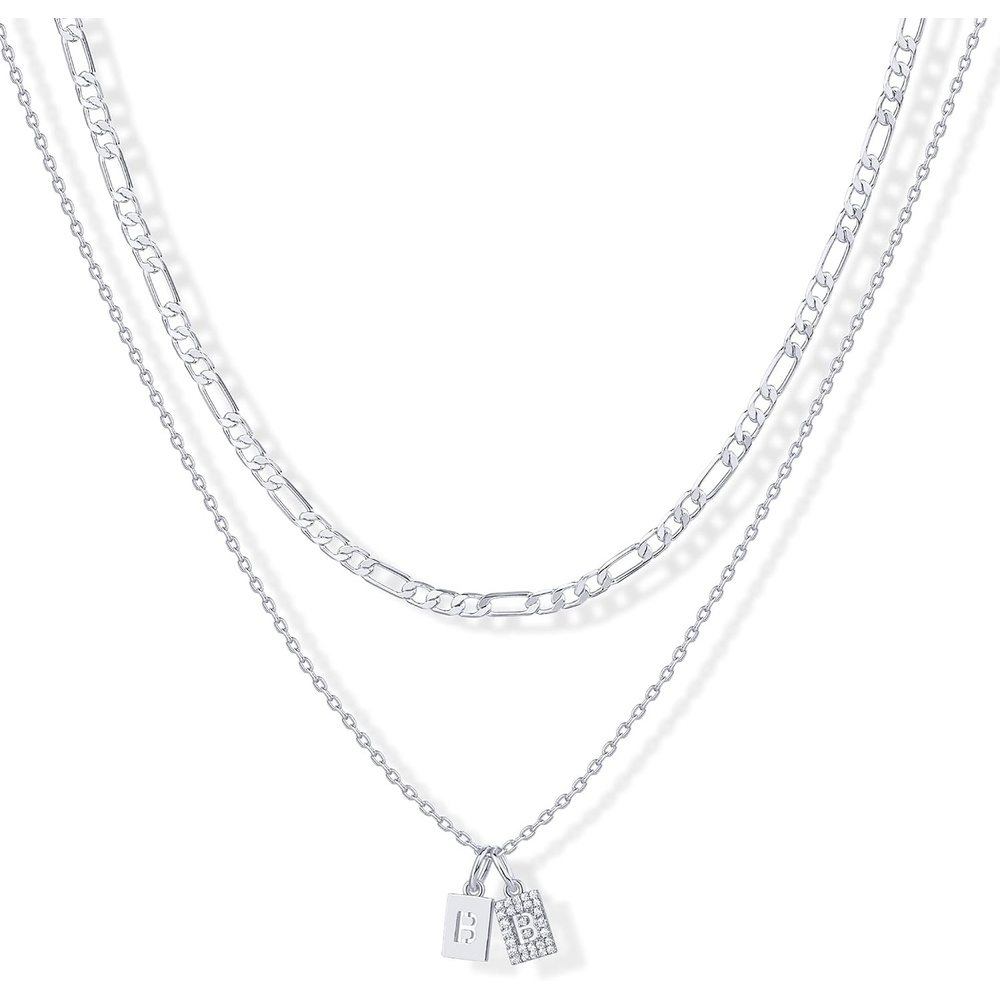 image:imagePAVOI 14K Gold Plated Initial Letter Double Dog Tag Pendant Necklace Dainty Cubic Zirconia Letter Tag Round Box Chain Necklaces for Women B