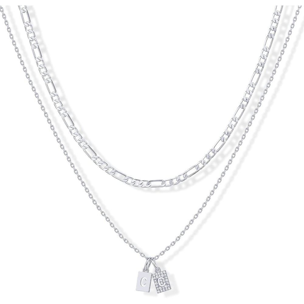 image:imagePAVOI 14K Gold Plated Initial Letter Double Dog Tag Pendant Necklace Dainty Cubic Zirconia Letter Tag Round Box Chain Necklaces for Women C