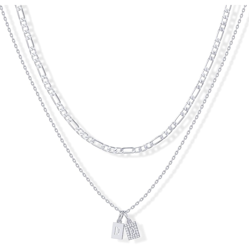 image:imagePAVOI 14K Gold Plated Initial Letter Double Dog Tag Pendant Necklace Dainty Cubic Zirconia Letter Tag Round Box Chain Necklaces for Women D