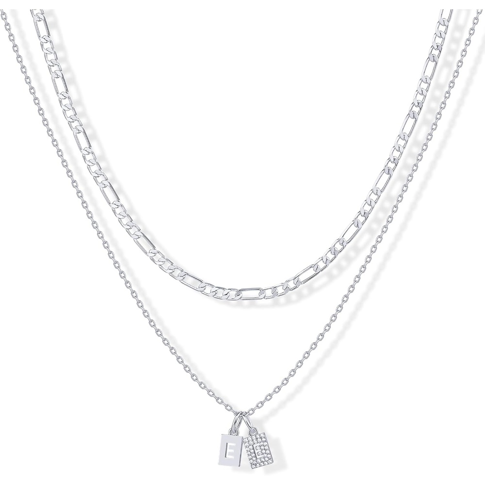 image:imagePAVOI 14K Gold Plated Initial Letter Double Dog Tag Pendant Necklace Dainty Cubic Zirconia Letter Tag Round Box Chain Necklaces for Women E