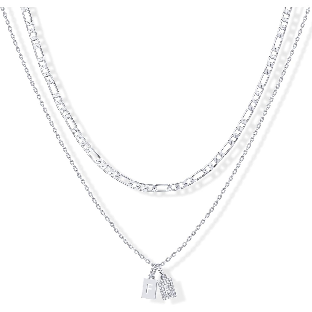 image:imagePAVOI 14K Gold Plated Initial Letter Double Dog Tag Pendant Necklace Dainty Cubic Zirconia Letter Tag Round Box Chain Necklaces for Women F