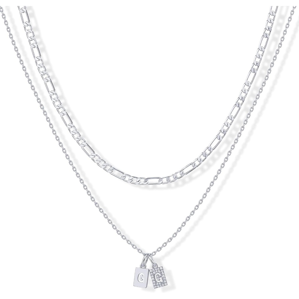 image:imagePAVOI 14K Gold Plated Initial Letter Double Dog Tag Pendant Necklace Dainty Cubic Zirconia Letter Tag Round Box Chain Necklaces for Women G