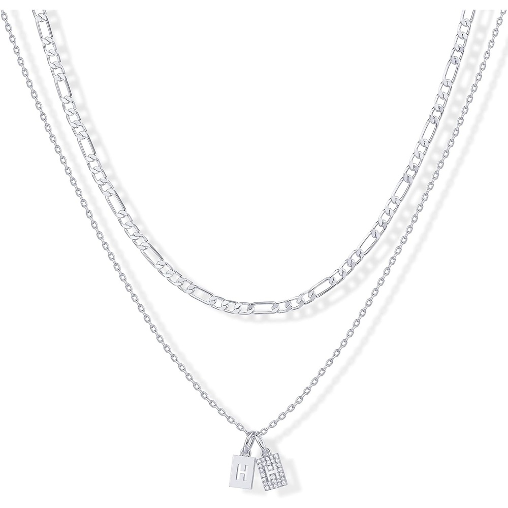 image:imagePAVOI 14K Gold Plated Initial Letter Double Dog Tag Pendant Necklace Dainty Cubic Zirconia Letter Tag Round Box Chain Necklaces for Women H