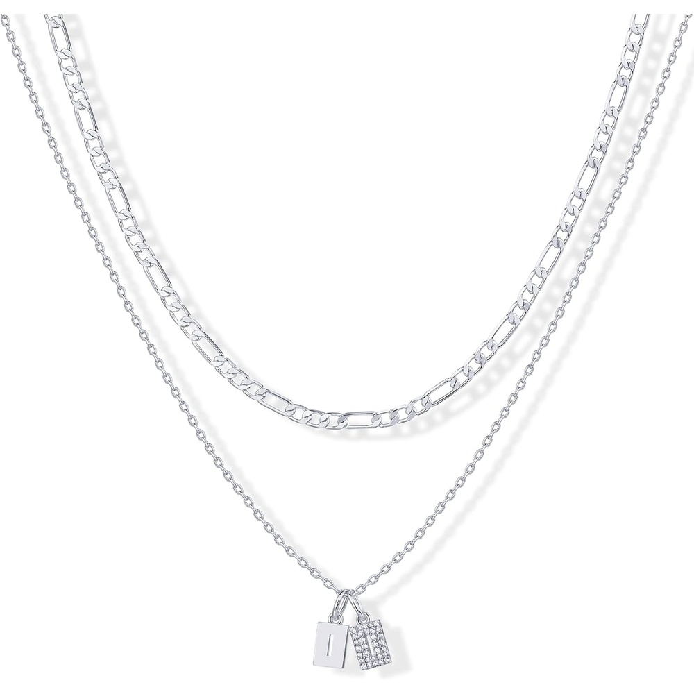 image:imagePAVOI 14K Gold Plated Initial Letter Double Dog Tag Pendant Necklace Dainty Cubic Zirconia Letter Tag Round Box Chain Necklaces for Women I