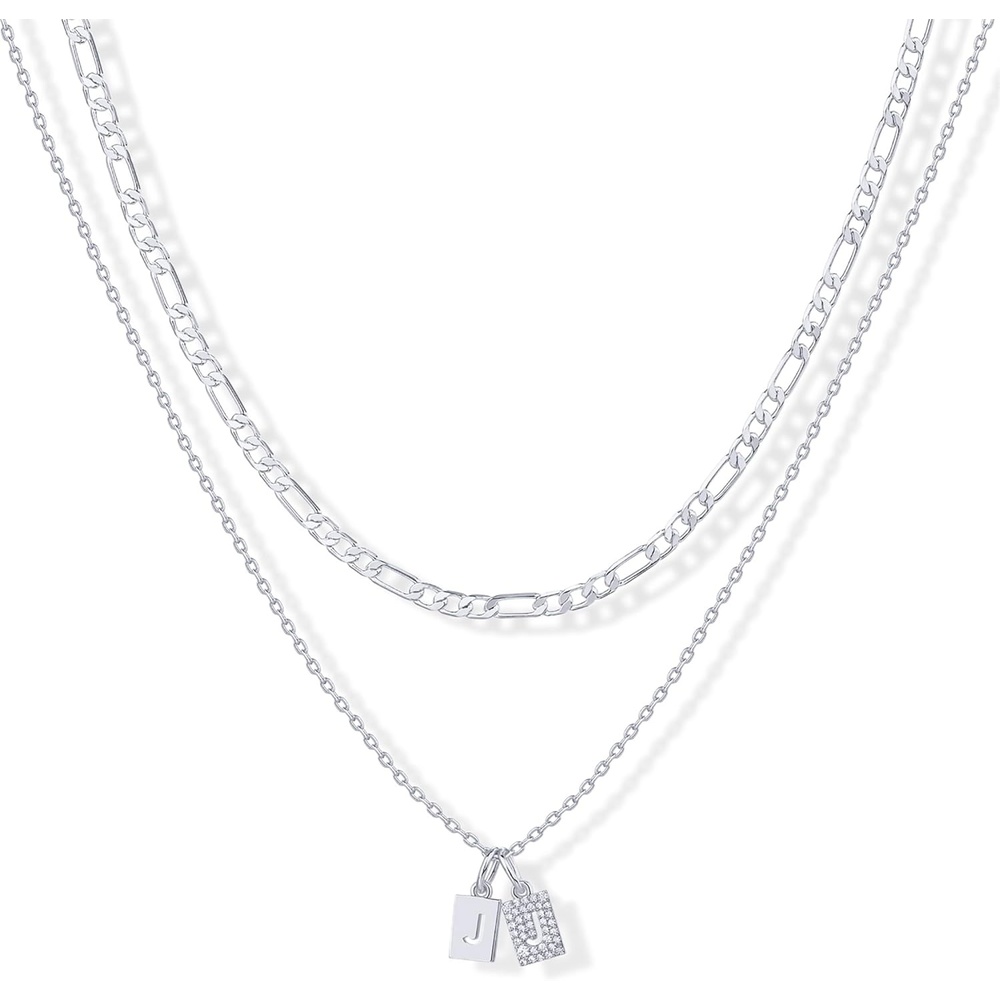 image:imagePAVOI 14K Gold Plated Initial Letter Double Dog Tag Pendant Necklace Dainty Cubic Zirconia Letter Tag Round Box Chain Necklaces for Women J