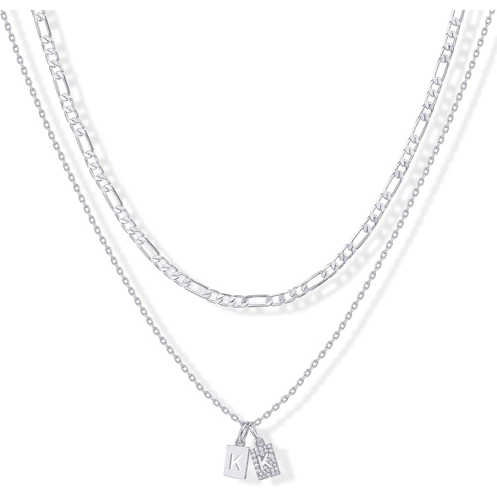 image:imagePAVOI 14K Gold Plated Initial Letter Double Dog Tag Pendant Necklace Dainty Cubic Zirconia Letter Tag Round Box Chain Necklaces for Women K