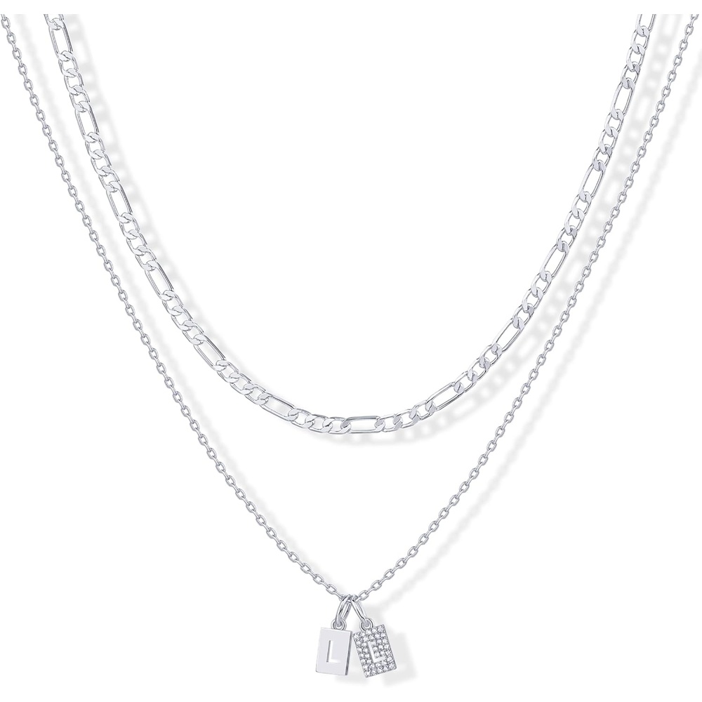 image:imagePAVOI 14K Gold Plated Initial Letter Double Dog Tag Pendant Necklace Dainty Cubic Zirconia Letter Tag Round Box Chain Necklaces for Women L