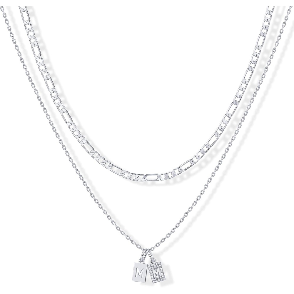 image:imagePAVOI 14K Gold Plated Initial Letter Double Dog Tag Pendant Necklace Dainty Cubic Zirconia Letter Tag Round Box Chain Necklaces for Women M