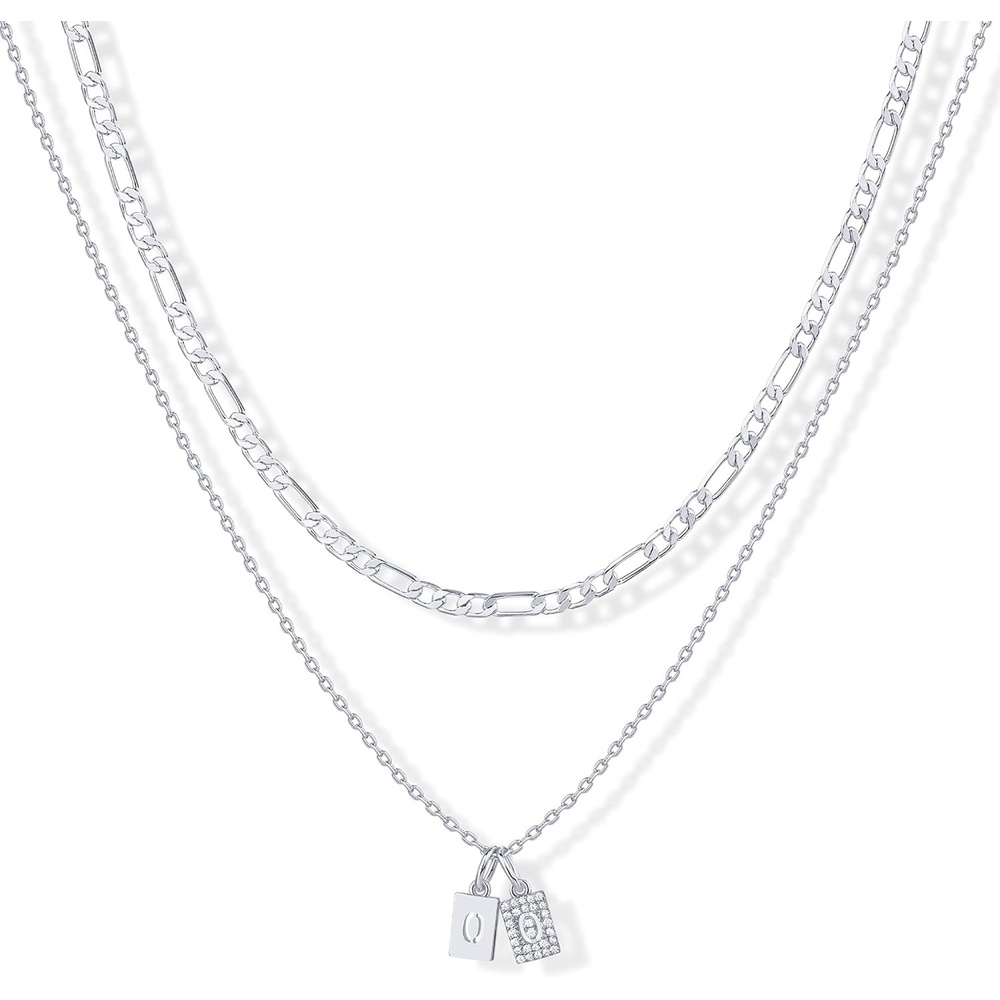 image:imagePAVOI 14K Gold Plated Initial Letter Double Dog Tag Pendant Necklace Dainty Cubic Zirconia Letter Tag Round Box Chain Necklaces for Women O