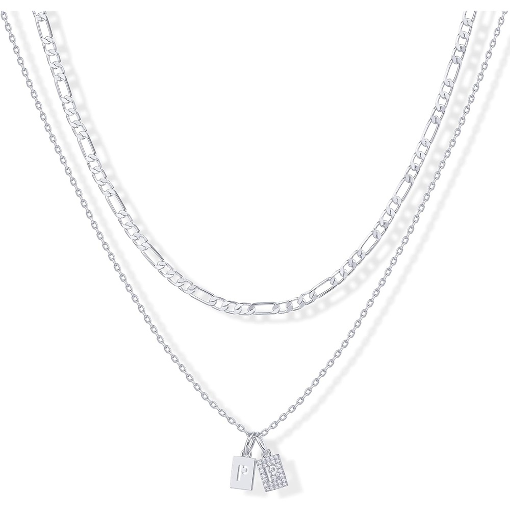 image:imagePAVOI 14K Gold Plated Initial Letter Double Dog Tag Pendant Necklace Dainty Cubic Zirconia Letter Tag Round Box Chain Necklaces for Women P
