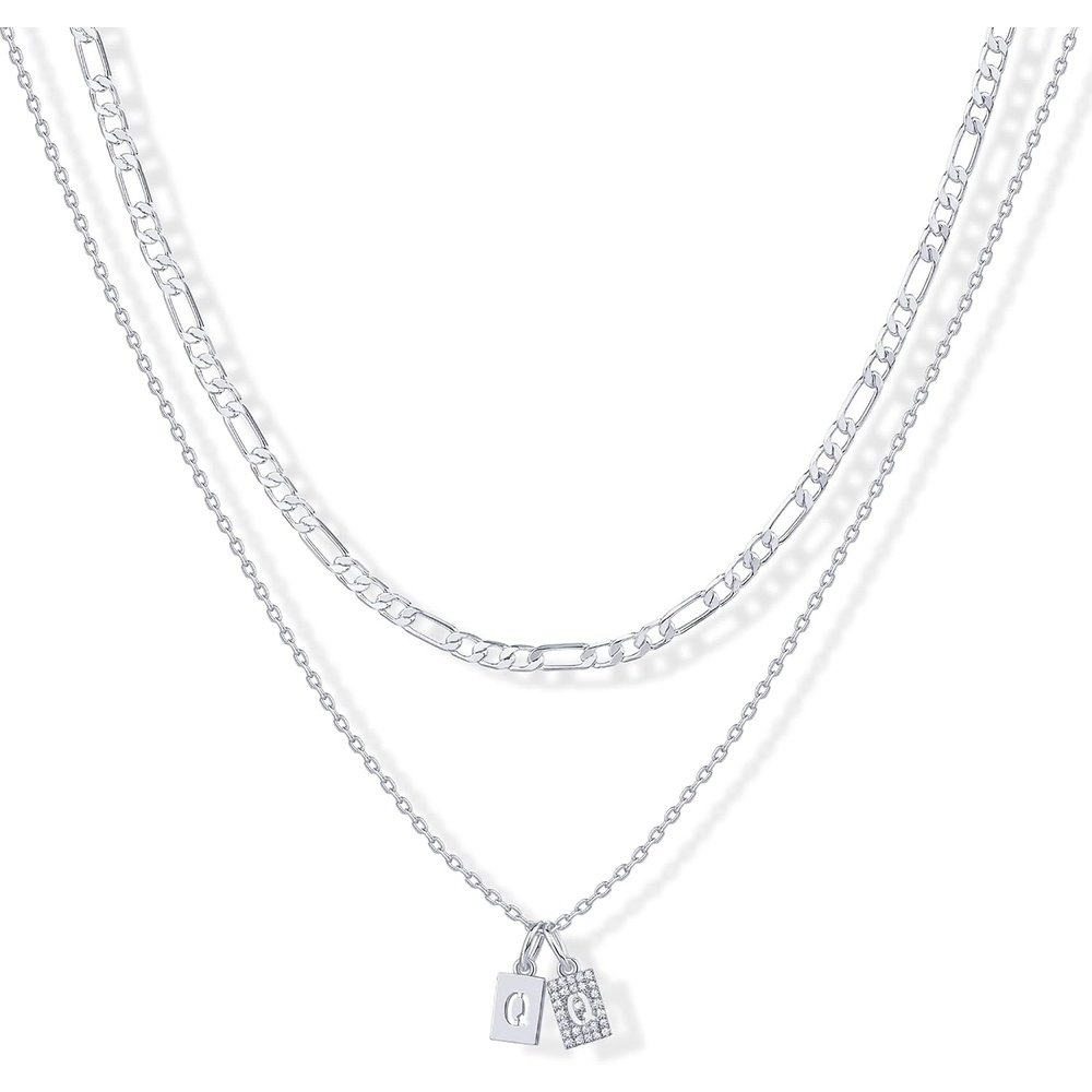 image:imagePAVOI 14K Gold Plated Initial Letter Double Dog Tag Pendant Necklace Dainty Cubic Zirconia Letter Tag Round Box Chain Necklaces for Women Q