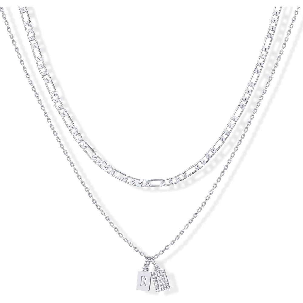 image:imagePAVOI 14K Gold Plated Initial Letter Double Dog Tag Pendant Necklace Dainty Cubic Zirconia Letter Tag Round Box Chain Necklaces for Women R