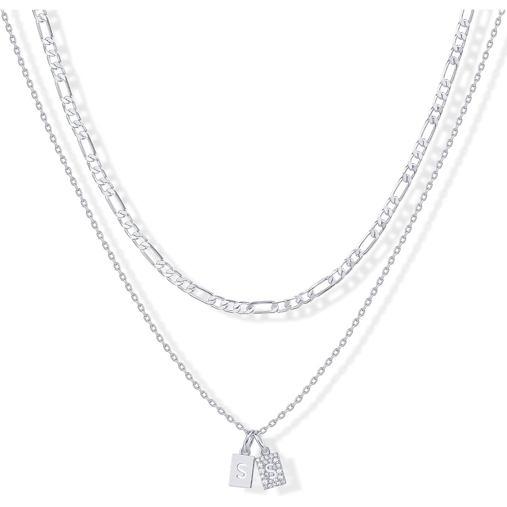 image:imagePAVOI 14K Gold Plated Initial Letter Double Dog Tag Pendant Necklace Dainty Cubic Zirconia Letter Tag Round Box Chain Necklaces for Women S