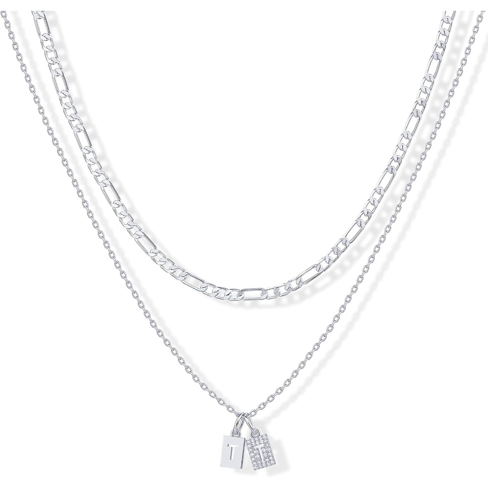 image:imagePAVOI 14K Gold Plated Initial Letter Double Dog Tag Pendant Necklace Dainty Cubic Zirconia Letter Tag Round Box Chain Necklaces for Women T