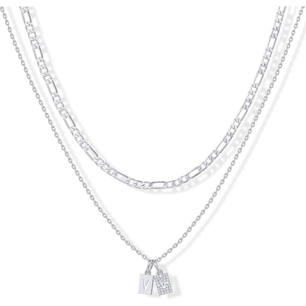 image:imagePAVOI 14K Gold Plated Initial Letter Double Dog Tag Pendant Necklace Dainty Cubic Zirconia Letter Tag Round Box Chain Necklaces for Women V