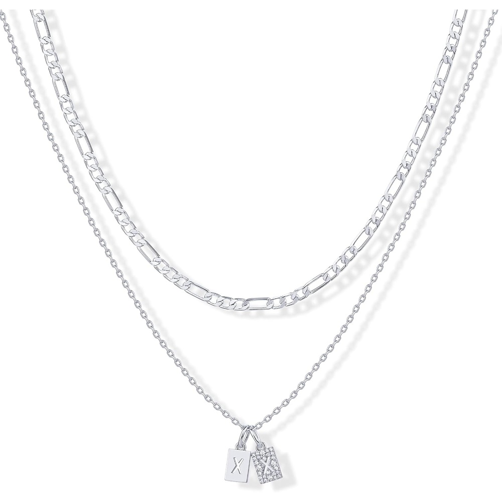 image:imagePAVOI 14K Gold Plated Initial Letter Double Dog Tag Pendant Necklace Dainty Cubic Zirconia Letter Tag Round Box Chain Necklaces for Women X