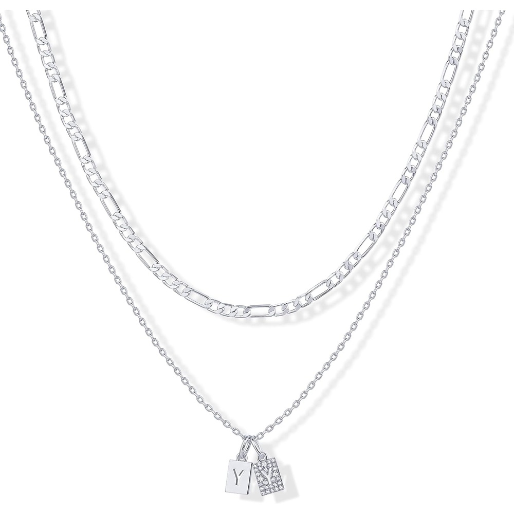 image:imagePAVOI 14K Gold Plated Initial Letter Double Dog Tag Pendant Necklace Dainty Cubic Zirconia Letter Tag Round Box Chain Necklaces for Women Y