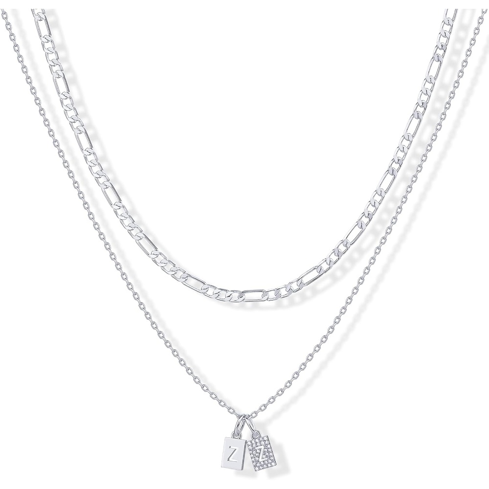 image:imagePAVOI 14K Gold Plated Initial Letter Double Dog Tag Pendant Necklace Dainty Cubic Zirconia Letter Tag Round Box Chain Necklaces for Women Z