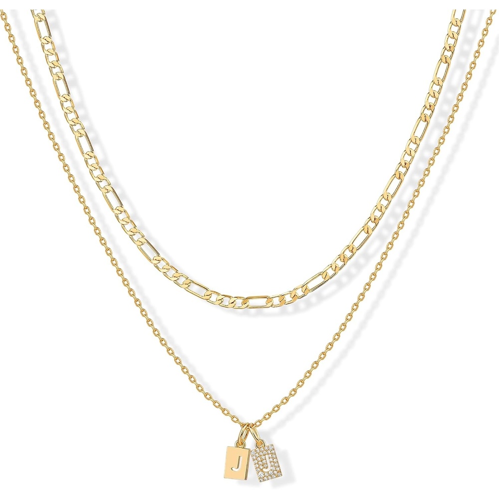 image:imagePAVOI 14K Gold Plated Initial Letter Double Dog Tag Pendant Necklace Dainty Cubic Zirconia Letter Tag Round Box Chain Necklaces for WomenElegant
