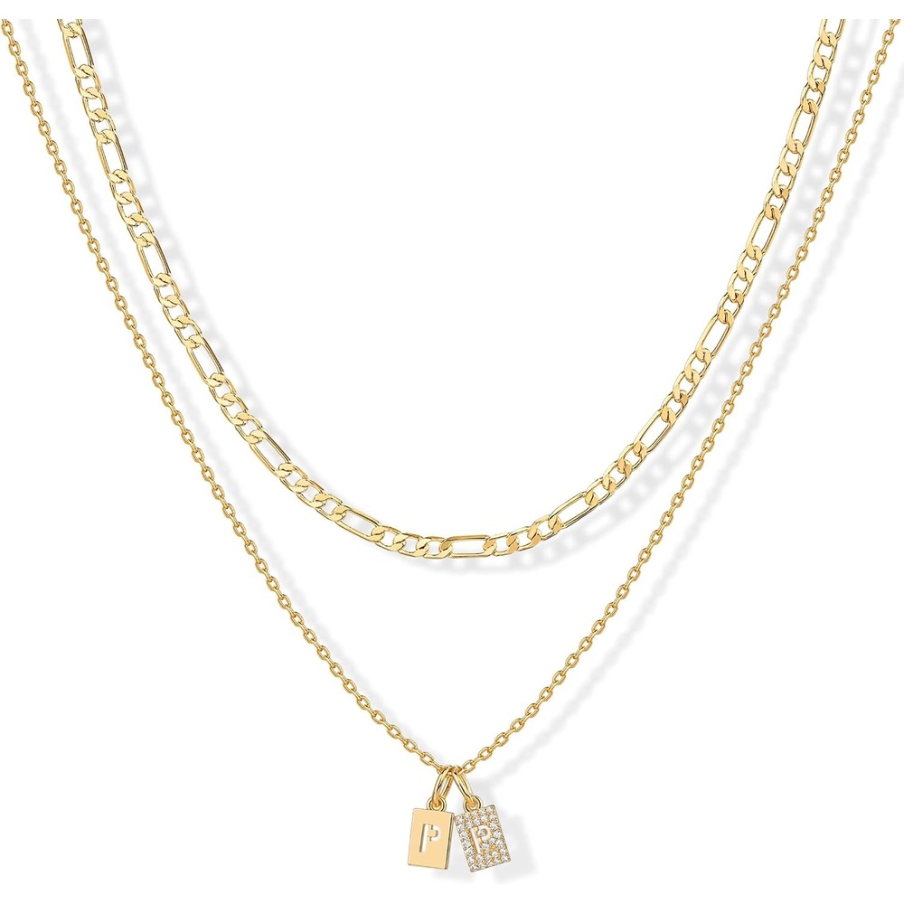 image:imagePAVOI 14K Gold Plated Initial Letter Double Dog Tag Pendant Necklace Dainty Cubic Zirconia Letter Tag Round Box Chain Necklaces for WomenMinimalist Gold Pendant with Cubic Zirconia