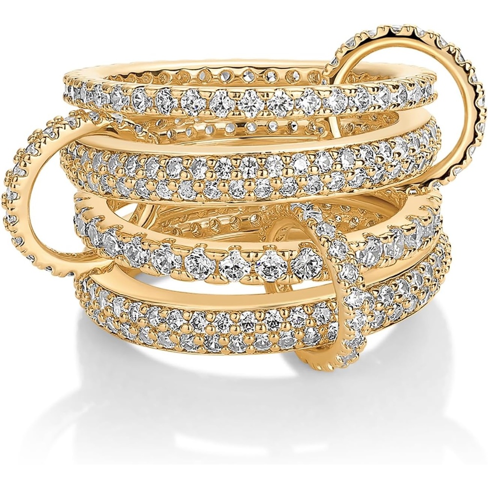 image:imagePAVOI 14K Gold Plated Interlocking Ring for Women Chunky Connected Bands Interlock Stackable Rings for Women Trendy Cubic Zirconia Two Tone Interlocked MultiBand Statement JewelryChunky Bands CZ Yellow Gold