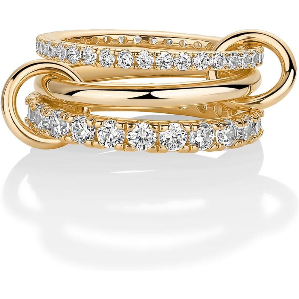 image:imagePAVOI 14K Gold Plated Interlocking Ring for Women Chunky Connected Bands Interlock Stackable Rings for Women Trendy Cubic Zirconia Two Tone Interlocked MultiBand Statement JewelryTriple bands plain CZ Yellow Gold