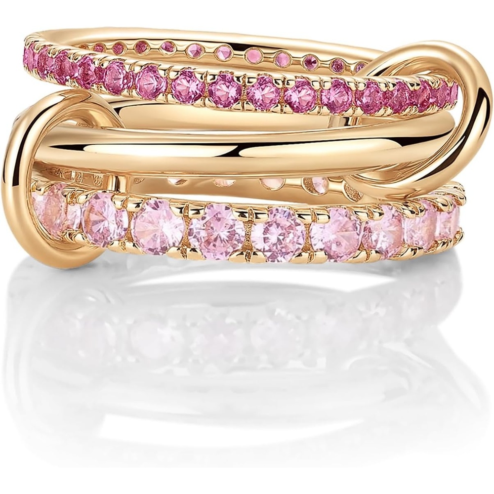 image:imagePAVOI 14K Gold Plated Interlocking Ring for Women Chunky Connected Bands Interlock Stackable Rings for Women Trendy Cubic Zirconia Two Tone Interlocked MultiBand Statement JewelryChunky Bands Fuschia CZ Yellow Gold