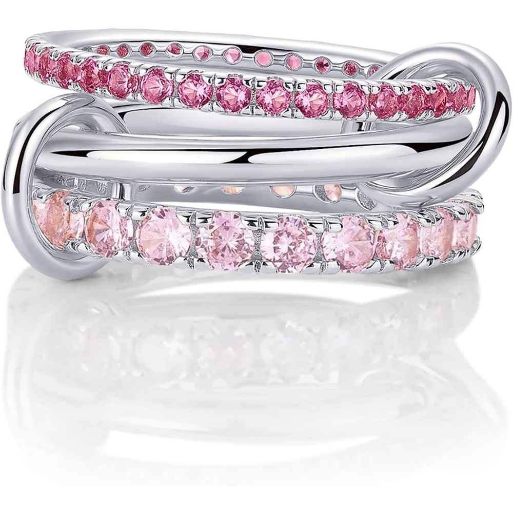 image:imagePAVOI 14K Gold Plated Interlocking Ring for Women Chunky Connected Bands Interlock Stackable Rings for Women Trendy Cubic Zirconia Two Tone Interlocked MultiBand Statement JewelryChunky Bands Fuschia CZ White Gold