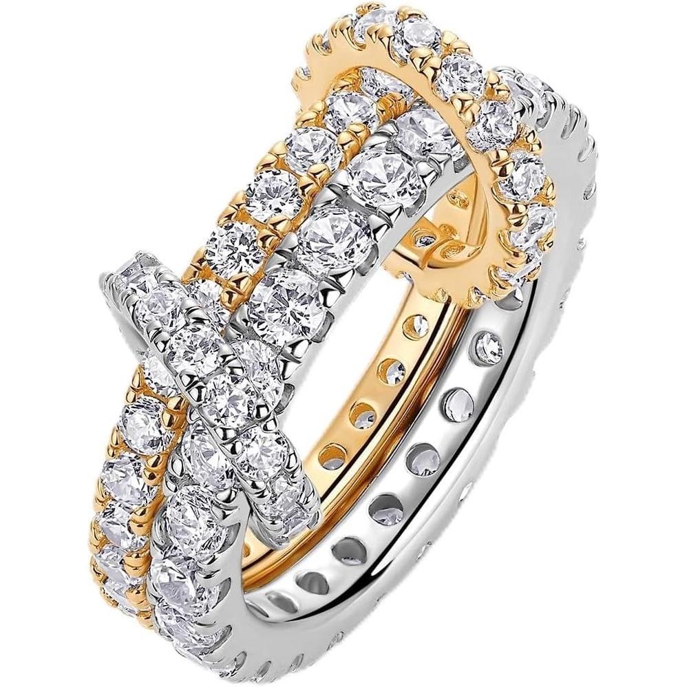 image:imagePAVOI 14K Gold Plated Interlocking Ring for Women Chunky Connected Bands Interlock Stackable Rings for Women Trendy Cubic Zirconia Two Tone Interlocked MultiBand Statement JewelryTwo Bands CZ Two Toned