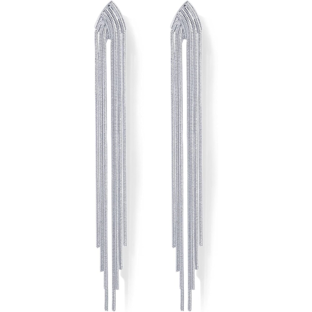 image:imagePAVOI 14K Gold Plated Long Tassel Dangle Earrings for Women 925 Sterling Silver Posts Elegant Rhinestone Chain Chandelier Drop Earrings Statement JewelryWhite Gold