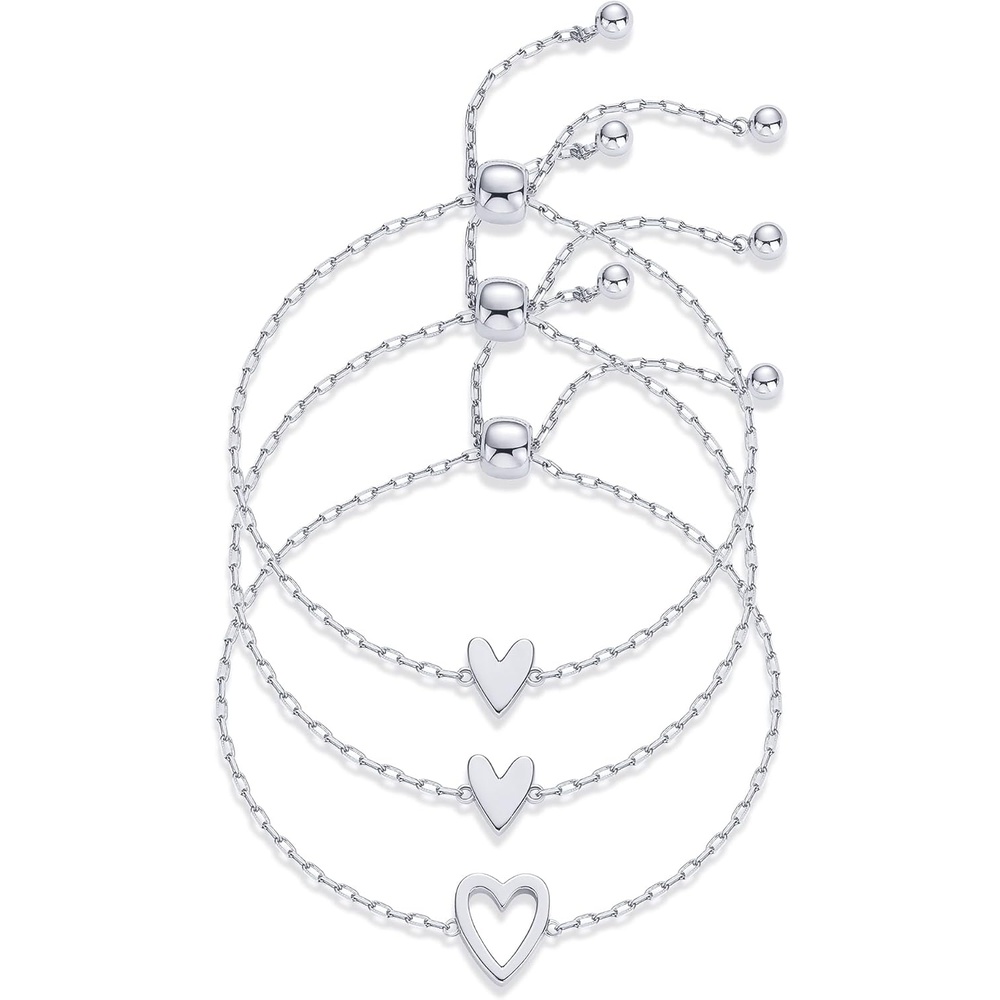 image:imagePAVOI 14K Gold Plated Matching Heart Charms Solitaire Bracelet Set for Women Adjustable Valentines Day Love Friendship Two Bracelet Pack3Piece Set