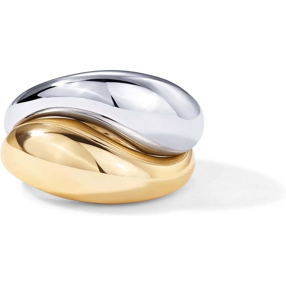 image:imagePAVOI 14K Gold Plated Mixed Metal Chunky Two Tone Wavy Dome Rings Pack for Women Statement Ring Set