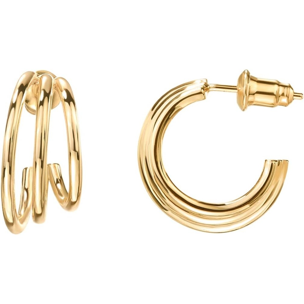 image:imagePAVOI 14K Gold Plated Multi Huggie Hoop Earrings for Women 925 Sterling Silver Posts Triple Split Hoop Gold Earrings for Women Trendy Fashion JewelryTriple