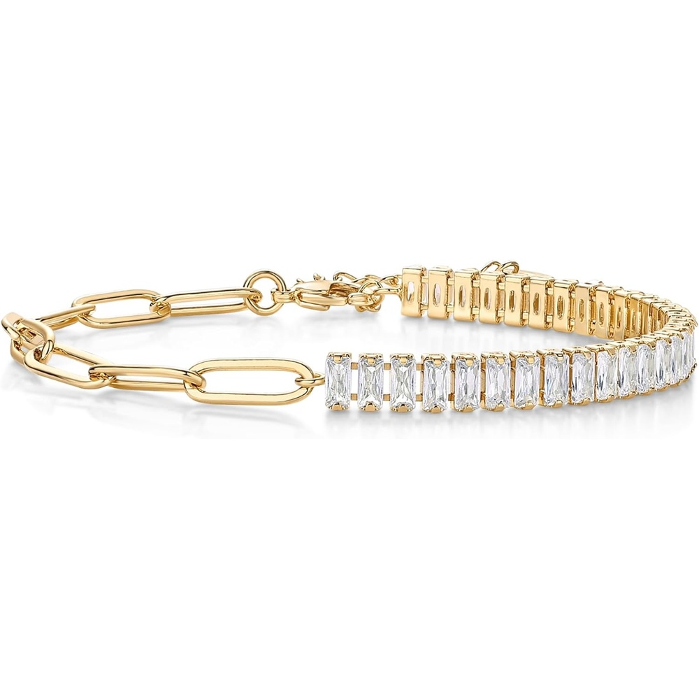 image:imagePAVOI 14K Gold Plated Paperclip Tennis Bracelets for Women Link Chain Gold Bracelet for Women with Cubic Zirconia Adjustable Trendy Bridal JewelryYellow Gold