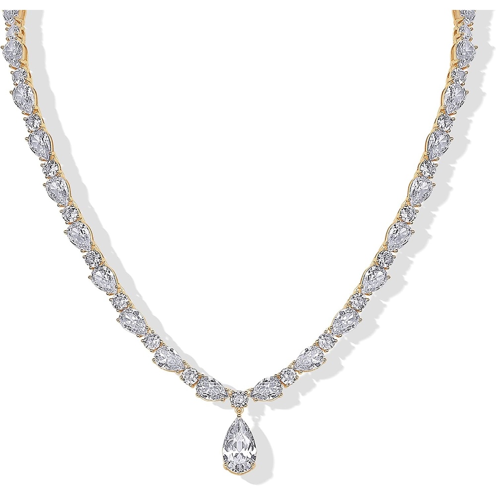 image:imagePAVOI 14K Gold Plated Pear Tennis Necklaces for Women Cubic Zirconia Tennis Necklace with Drop for Brides amp Bridesmaids Cute Simulated Diamond Chain Trendy Wedding JewelryYellow Gold