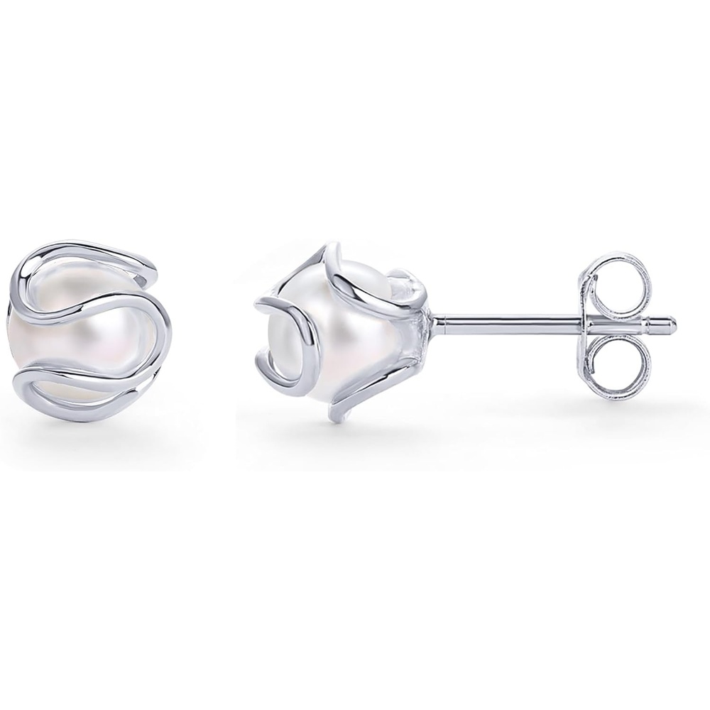 image:imagePAVOI 14K Gold Plated Round Caged Small Pearl Stud Earrings Trendy Gold Pearl Earrings for Women Hypoallergenic Classic Bride JewelryWhite Gold