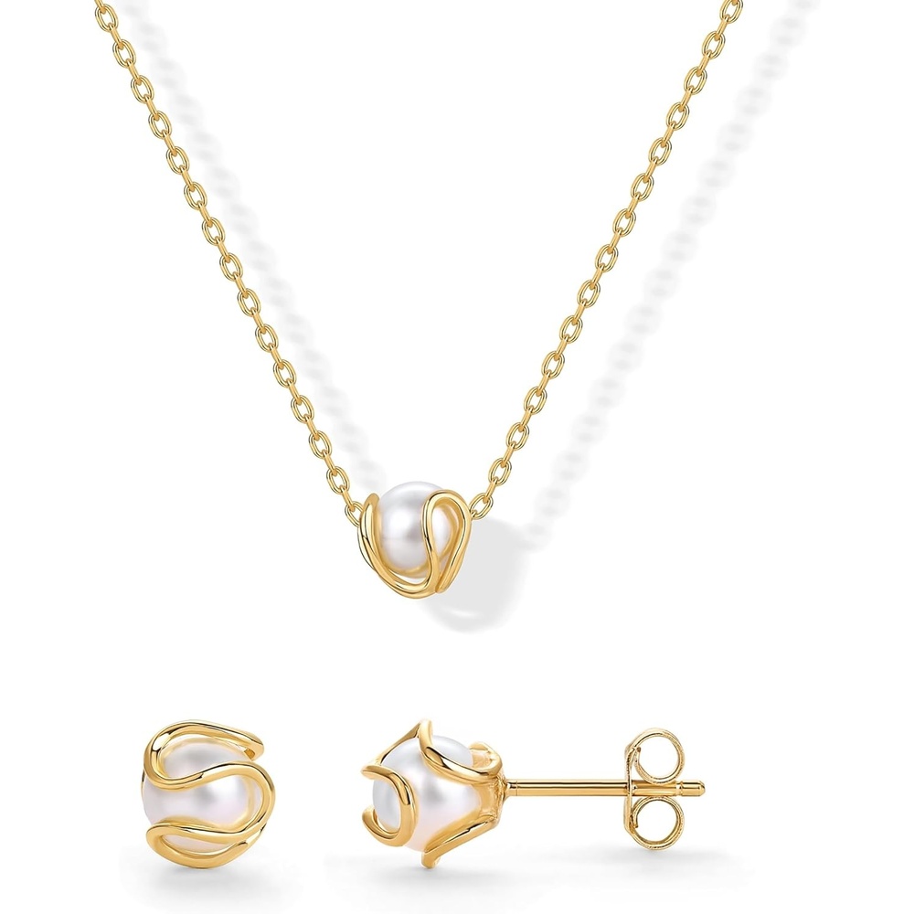 image:imagePAVOI 14K Gold Plated Round Shell Pearl Jewelry Set for Women  Gold Pearl Necklace and Earring Set with Pendant Necklace and Caged Stud Earrings PackYellow Gold