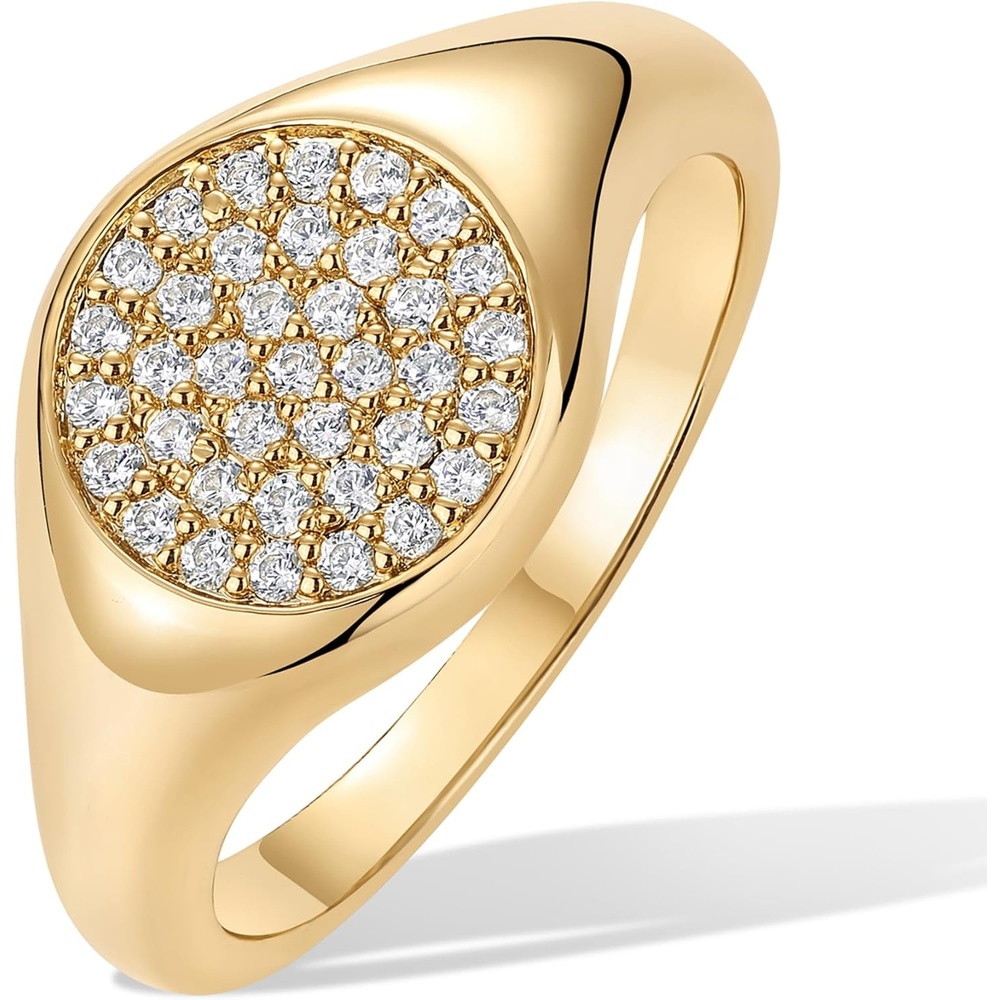 image:imagePAVOI 14K Gold Plated Signet Ring for Women  Pinky Ring with Round Cubic Zirconia  Dainty Lightweight Thin Statement JewelryYellow Gold
