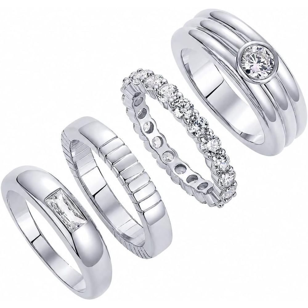 image:imagePAVOI 14K Gold Plated Stackable Rings for Women Dainty Stackable Gold Ring Set of Four with Cubic Zirconia MultiBands Trendy Fashion JewelryWhite Gold