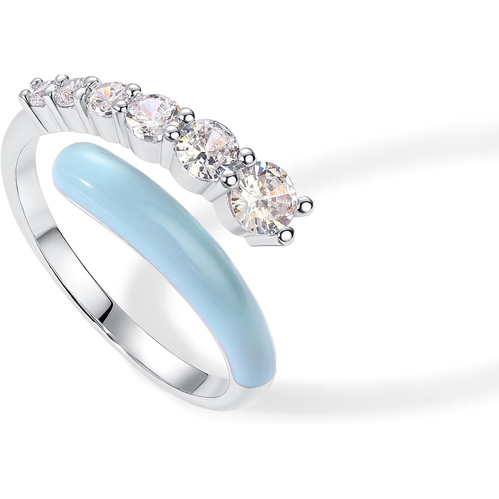 image:imagePAVOI 14K Gold Plated Stackable Rings for Women Open Twist Wavy Colored Enamel and Cubic Zirconia Rings Enamel Eternity BandsWhite Gold Blue Enamel
