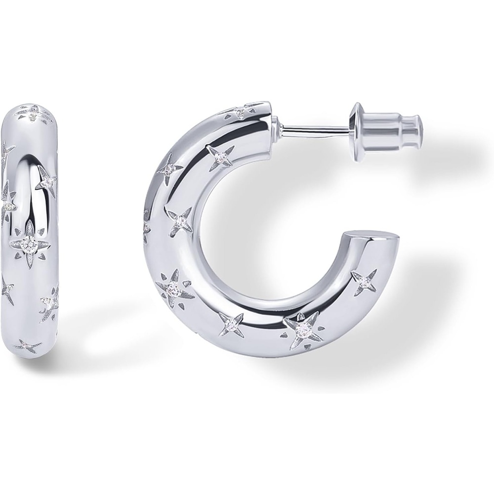 image:imagePAVOI 14K Gold Plated Star Shine Hoop Earrings for Women Cubic Zirconia Celestial Chunky Hoops Earrings20mm