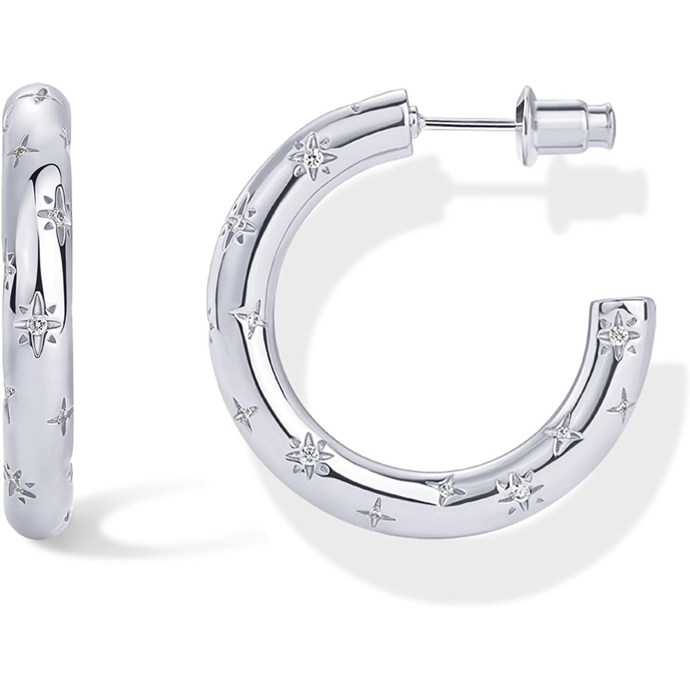 image:imagePAVOI 14K Gold Plated Star Shine Hoop Earrings for Women  Cubic Zirconia Celestial Chunky Hoops Earrings30mm